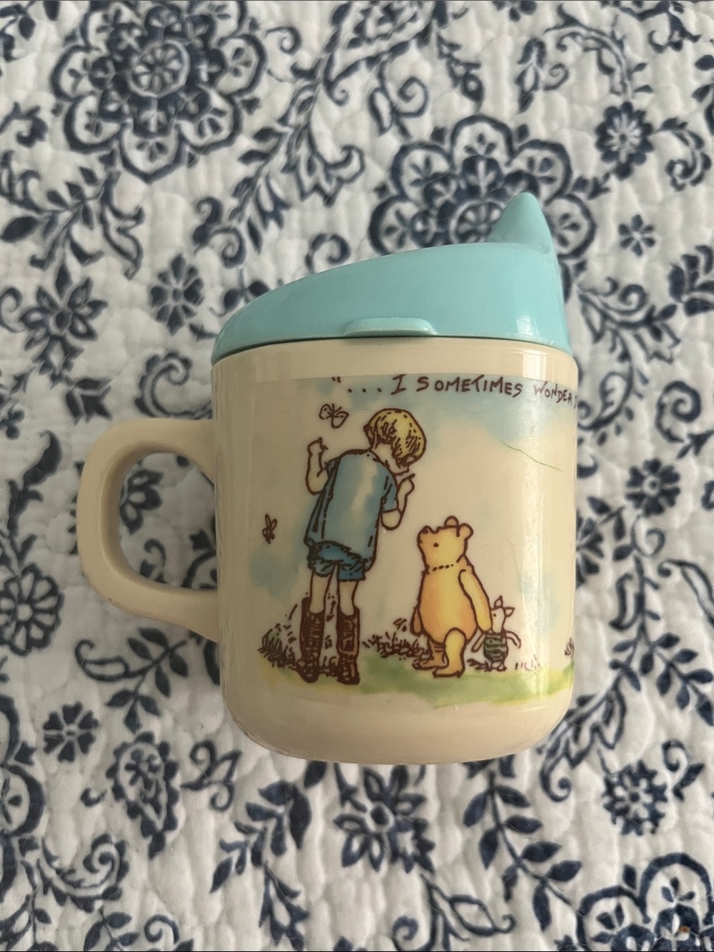 Vintage Winnie the Pooh Cup Training/Sippy Cup with Blue Lid